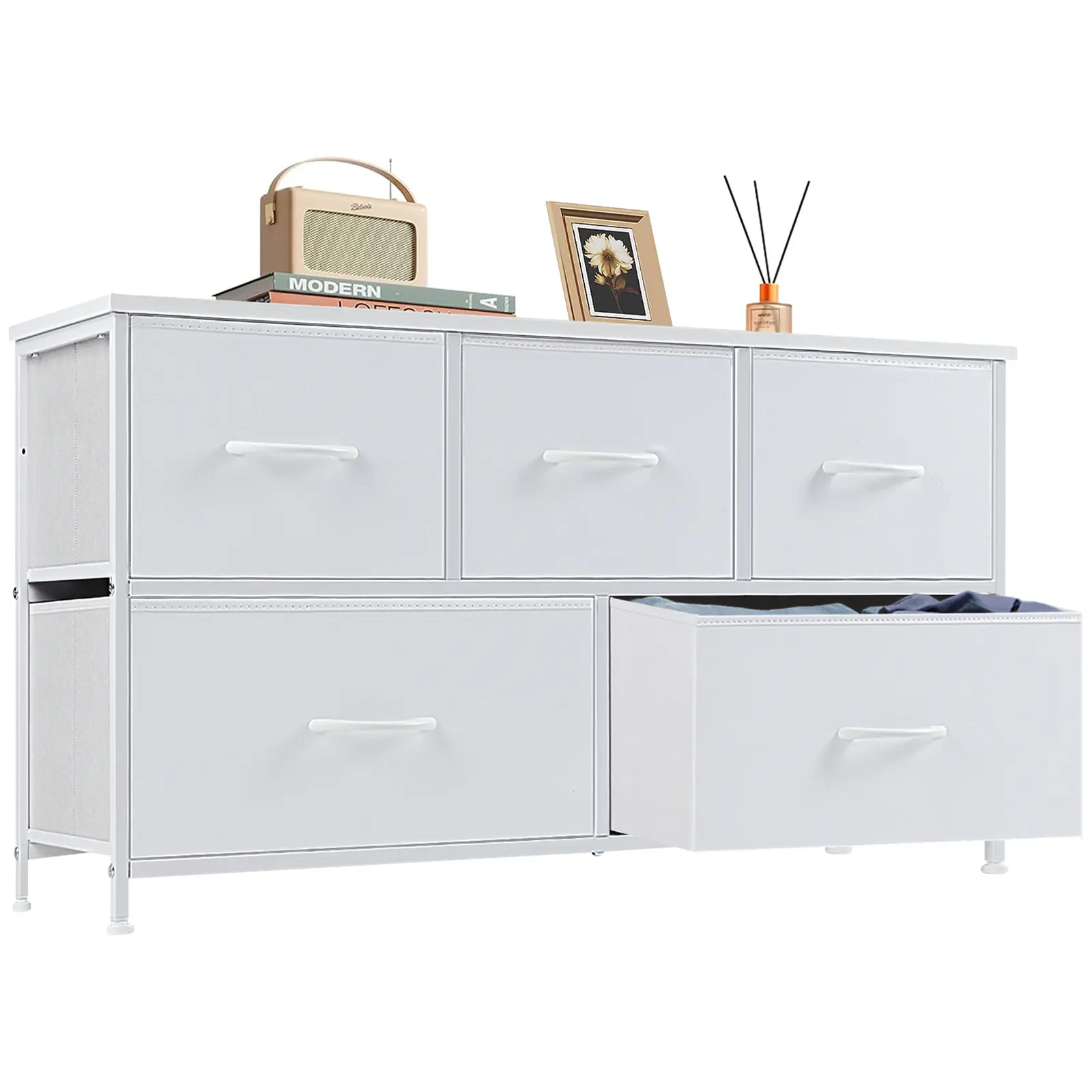 Cupboards Cabinets Dresser Fabric Storage Tower with 5 Drawers Bedroom Organizer Chest of Drawers with Fabric Bins for Bedroom Closet Entryway Large Storage Solid Stable Multifunctional Use
