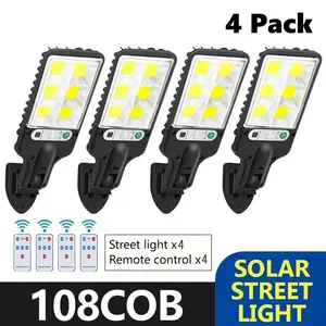 4 Pack Solar Street Light Outdoor with 120 LEDs Each – Smart Remote & IP65 Motion Sensor – 3 Modes (Security/Dim/Highlight) for Pathways, Garages, Backyards & Front Yards – Heavy-Duty Waterproof Lighting Solution for Home & Outdoor Areas, Gifts for Dad