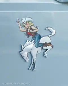Golden Cowgirl Bronco Bombshell — Bucking Emblem Vinyl Decal (Pin-Up Edition)