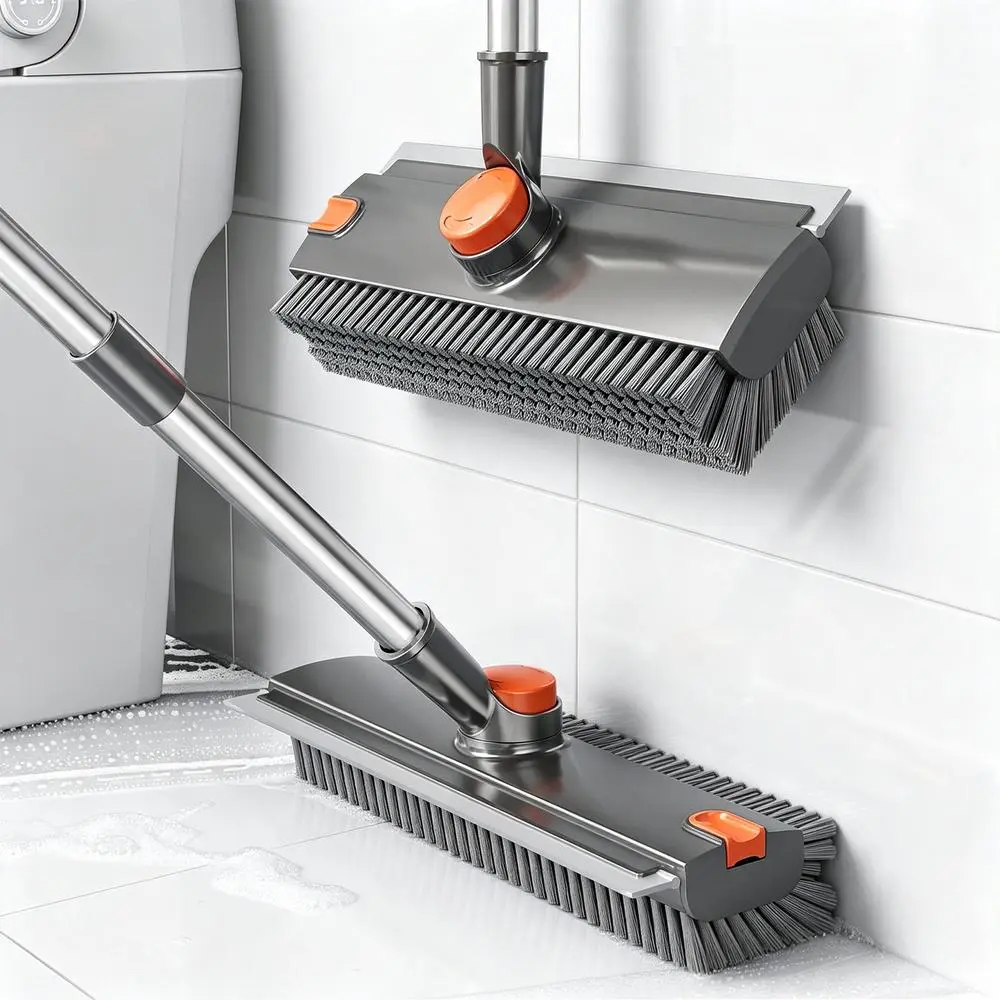 3-in-1 Rotatable Head Cleaning Brush for Household Use - Stainless Steel Adjustable Telescopic Handle, Compact Dense Stiff Bristles, Silicone Wiper, Multi-Surface Sports & Outdoor Fitness Ab Training Tool (Grey-Orange), Household Cleaning