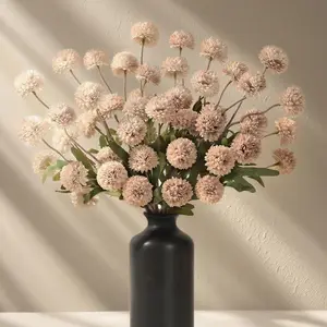 Faux Flowers for Vase - Kiku 10 Stems, Fake Flowers Stems for Pottery Vase, Realistic Artificial Flowers, Pom Pom Balls for Aesthetic Room Decor, Floral Arrangements Centerpiece (Beige)