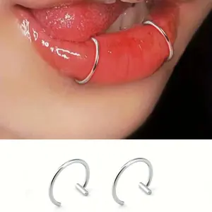 2Pcs Cyberpunk Black & Silver Non-Piercing Lip Rings, Matte Finish with Gear Detailing, Futuristic Jewelry for Tech-Themed Parties & Cosplay