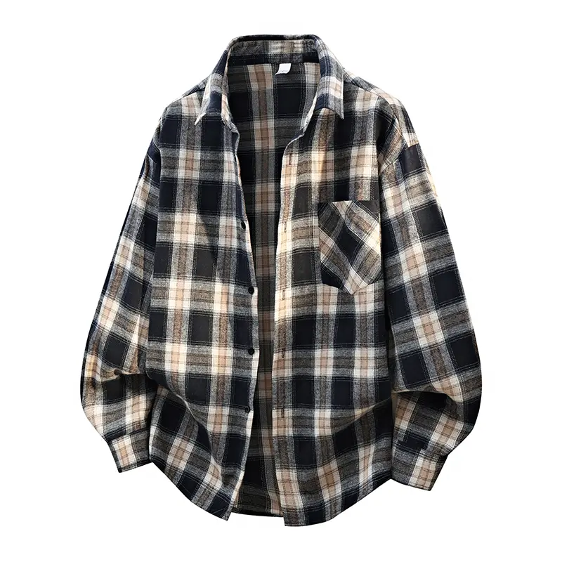 Men's Navy-Brown Plaid Cotton-Poly Flannel Shirt - Baggy Casual Top, Classic Point Collar, Button-Front, Patch Pocket, Soft Brushed Premium Fabric, Loose Full Sleeves for Daily Work, Streetwear, Everyday Outing
