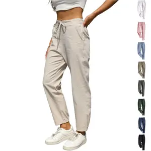 Tanming Women's Linen Pants Casual High Waisted Drawstring Beach Trousers Elastic Waist Tapered Bottoms Basic Style Comfortable Lightweight Cotton Linen Blend