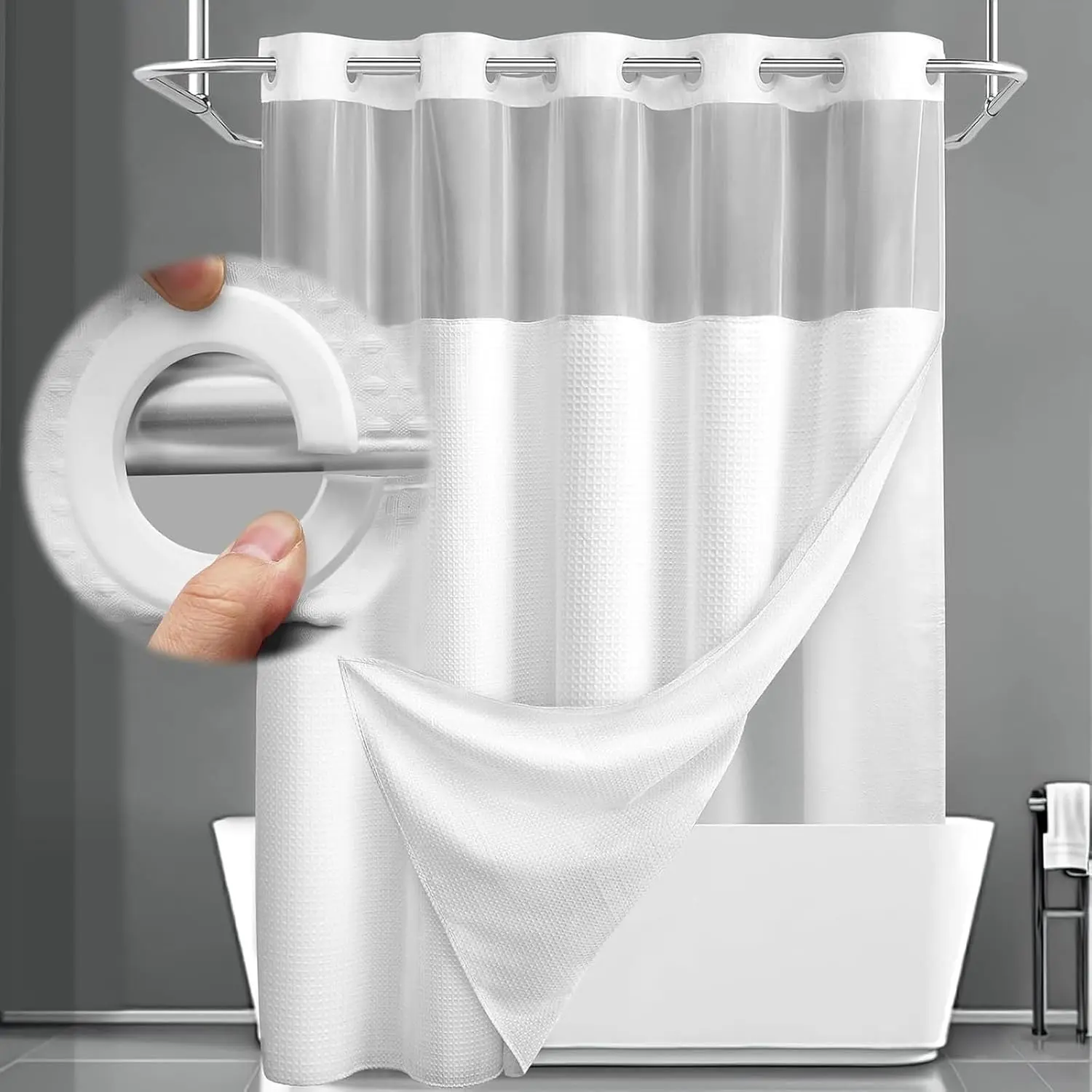 Light Washable Nylon Grommet No-Hook Shower Curtain and Liner Set, White Hotel Waffle Style, 75in L x 72in W, Shower Curtains