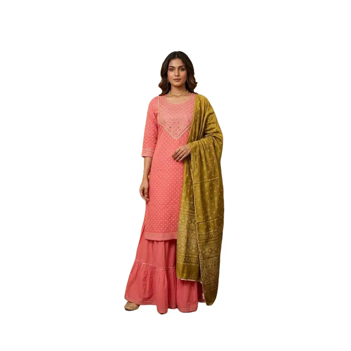#3PS-21 Coral Pink Kurta–Sharara Set with Mustard Bandhani Dupatta (3‑Piece)