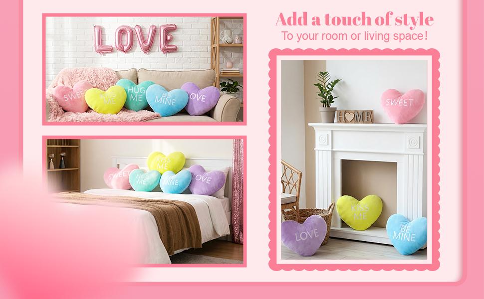 Valentines Pillows Gift 5 Pcs Heart Pillows with Love Letter Cute Plush Pillows Heart Shape Pillow Soft Throw Pillow with Romantic Atmosphere Conversation Gift for Couple Valentine's Day Party Anniversaries Dates for Home Living Sofa Bed Room Car Office