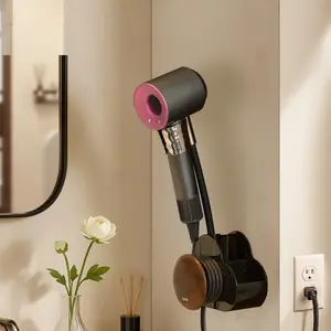 Hair Dryer Stand Hands Free Wall, Hands-Free Hair Dryer Holders Wall Mounted With 360 Adjustable Hose, Built-In Dual Storage Bins，No-Drill,Fits Small, Medium & Large Hair Dryers, for Vanity, Wigs, Pet Grooming