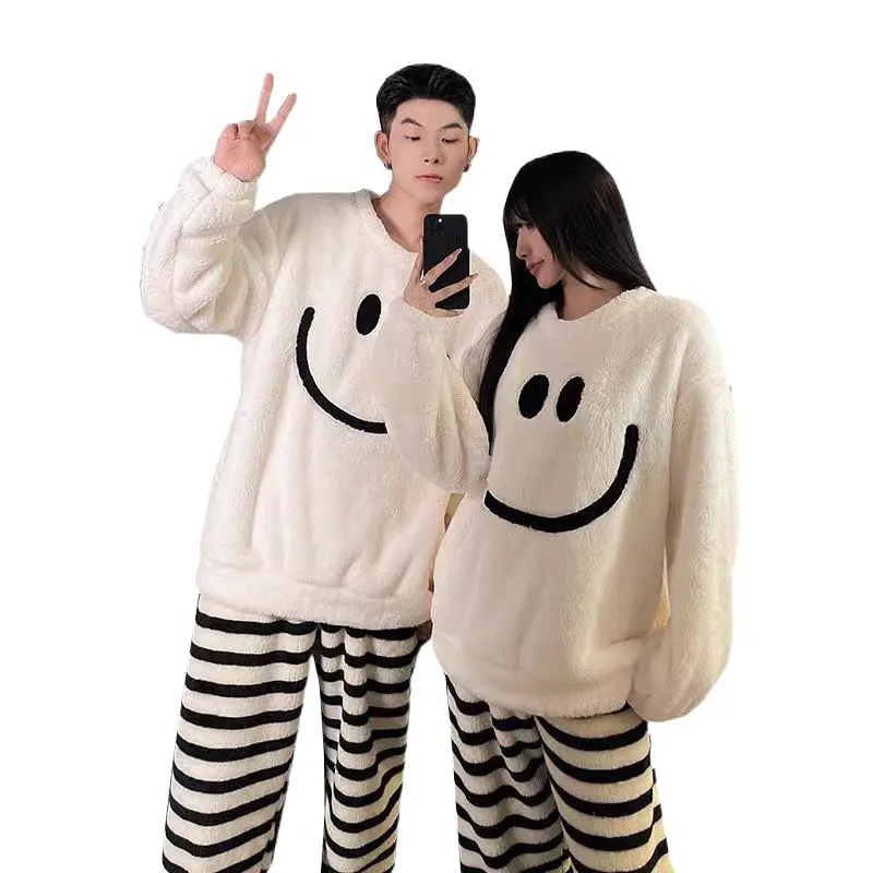 His & Hers Thick Fleece Couples Matching Pajama Set - Oversized Long Sleeve, Round Neck, Baggy Loose-Fitting Cartoon Smiley Face Loungewear, Longsleeves, Indoors, Male XL, Men's 2XL, Morning Coffee Together Holiday Gift