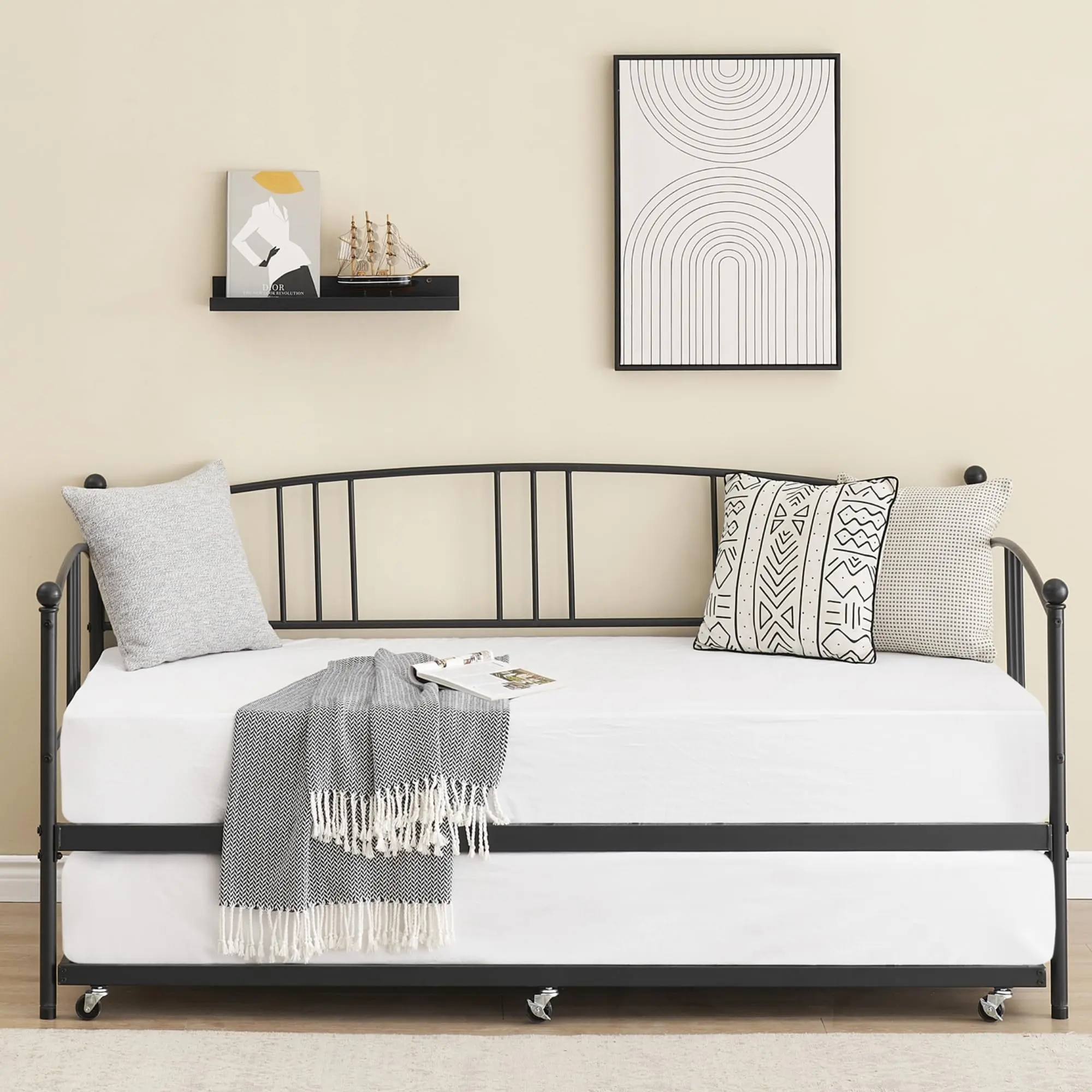Daybed with Trundle, Sturdy Metal Day Bed with Steel Slat Support, Trundle Bed Twin with Arched Headboard, SofaBed for Living Room, Bedroom and Guest Room, Black