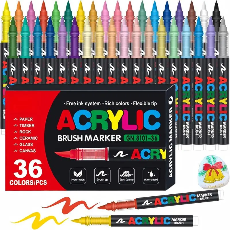 Acrylic Paint Markers - 36 Color pc Marker Pen Set, Artist Fine and Soft Brush Tip Marker for Rock Painting, Books Coloring, Note Taking, Card Writing, Ston Graffiti, DIY Crafts, Drawing Art Supplies Kit, Professional Art Pen Set, party beach cabana