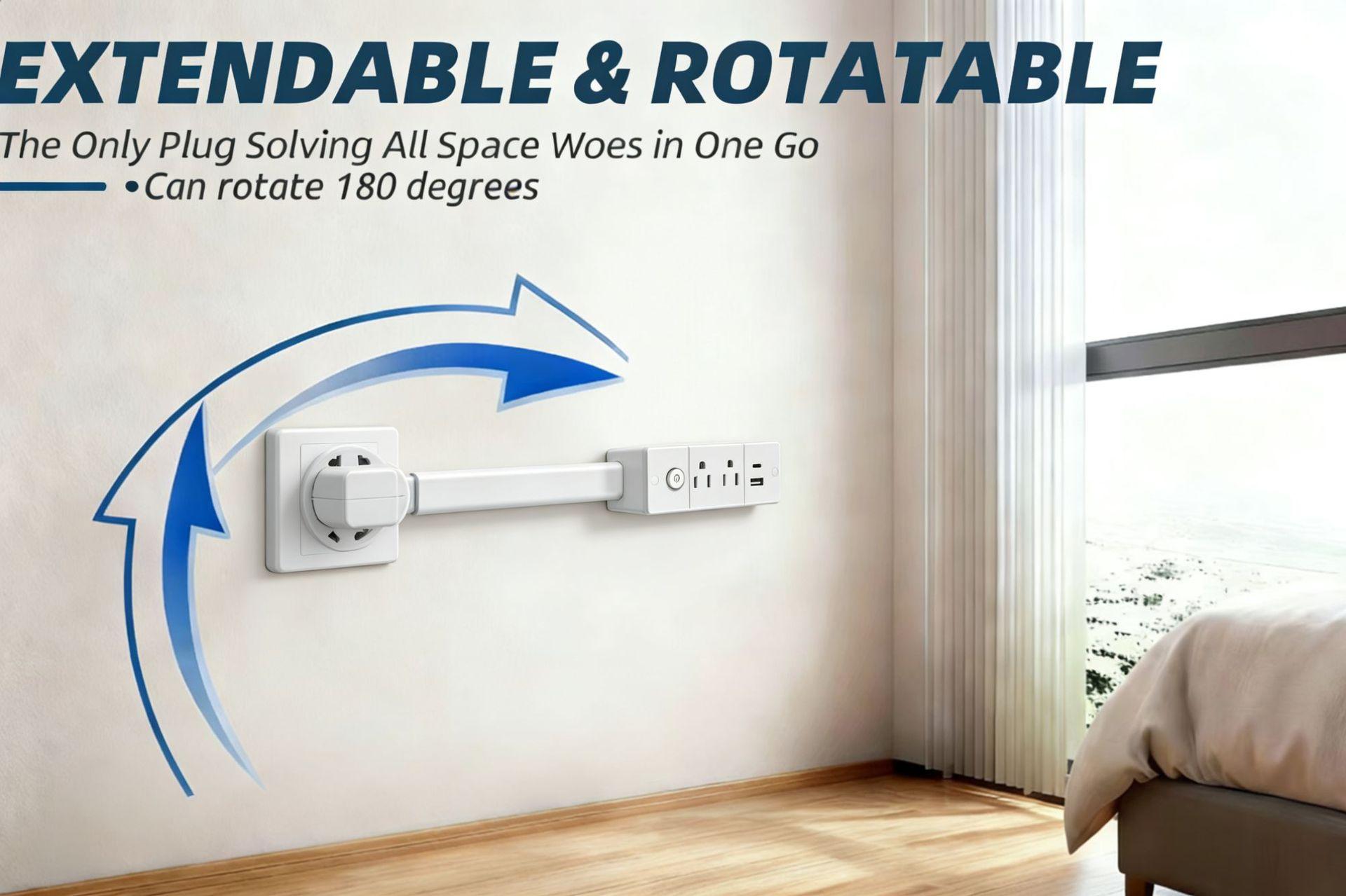 Outlet Extender Outlet electrical  Mountable Multi Plug Wall Outlet, with USB-A  USB-C & 2 AC, Extendable 22-34" Rotatable 180°  Surge Protector Power Strip,UL-certified power  cord,ideal for behind furniture in home/office