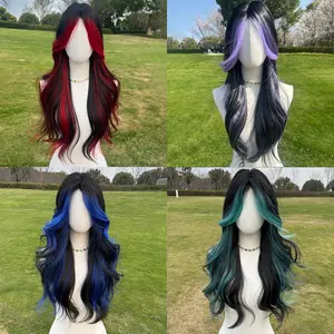 SMILCO 26" Wavy Black & Red Highlights Synthetic Wig Middle Part Glueless Natural-Looking Scalp Full Machine Cap Adjustable Straps Breathable Cap Vibrant Color Soft Texture SM398 SM5029