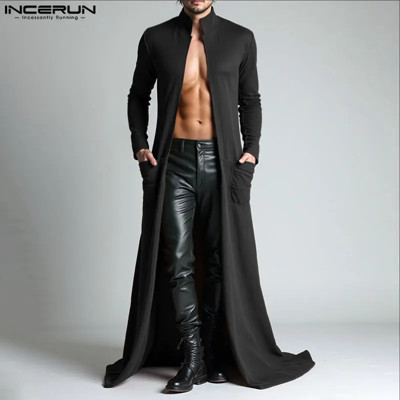 INCERUN Menswear Men's Retro Full-Sleeves Floor-Long Duster Cardigan - Stretchy Spandex-Polyester Fabric with Drape, Plain Textured Open-Front Stand Collar Top, Dual Side Pockets for Easter Nightclub Fashion