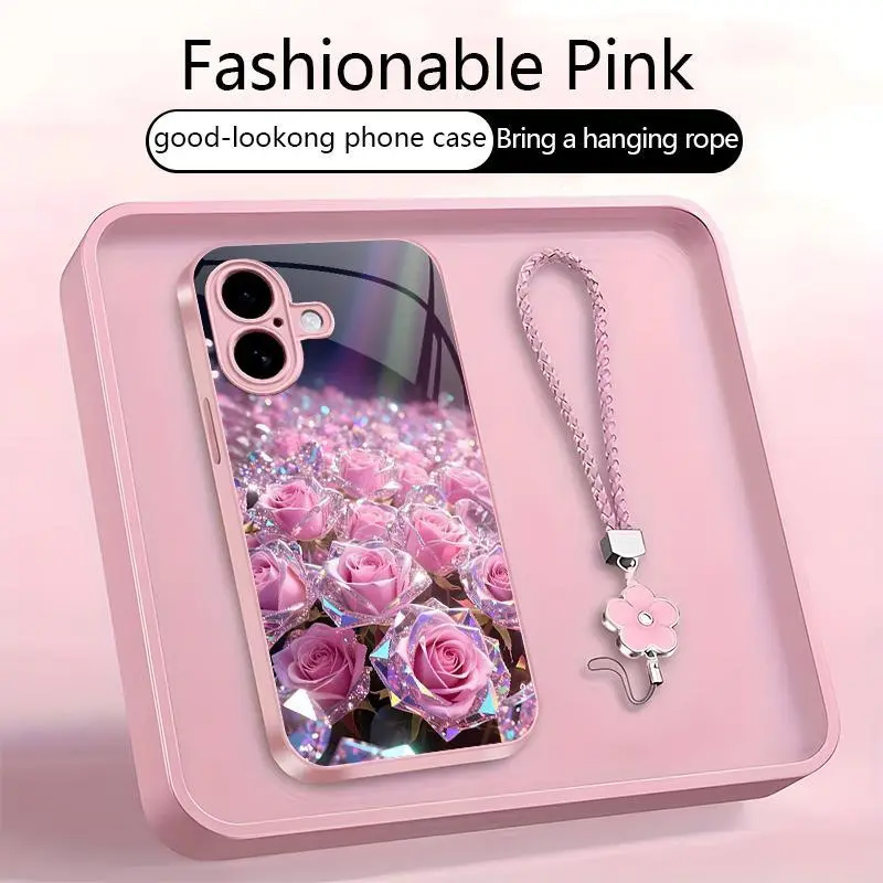 Suitable for [iPhone 16] premium women’s phone case 🤩, a beautiful four-leaf clover lanyard is included 🍀, and a free four-leaf clover lanyard is also included. Optical Illusion Crystal Rose Art Phone Case 952 952