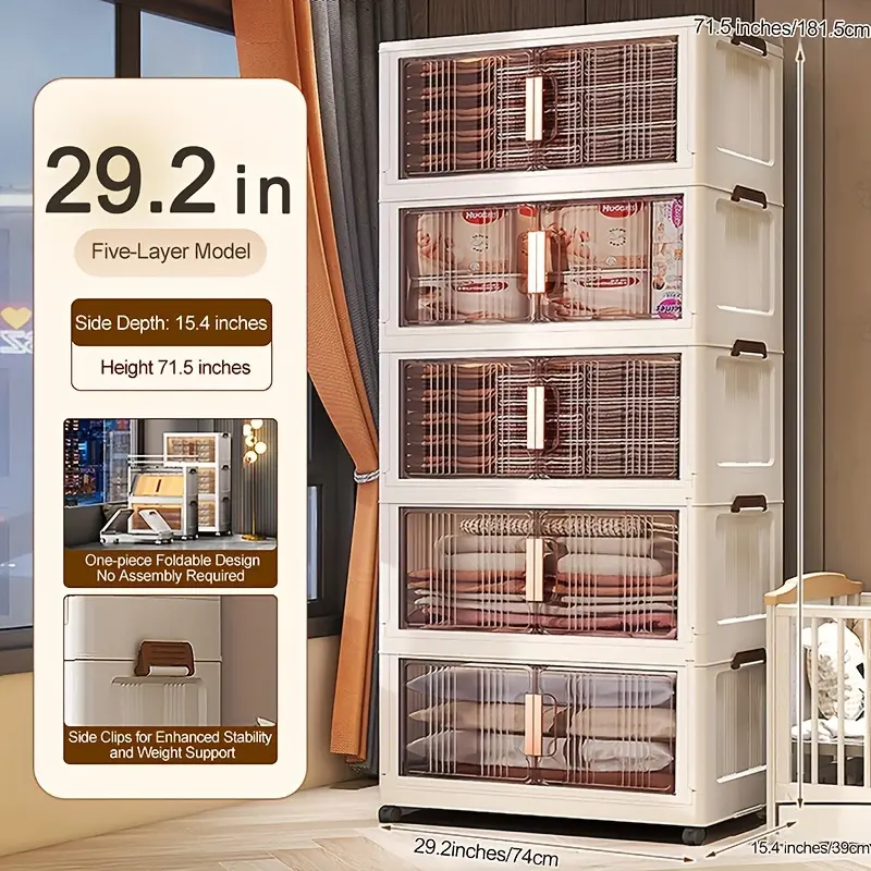 Naviconvex 24.4/29.2/34.7In Folding Storage Cabinet, 3/4/5-Tier Extra Large Plastic Storage Bins with Lids, Foldable Stackable Storage Organizer with Wheels for Home, Office, Kitchen, Bathroom And Garage