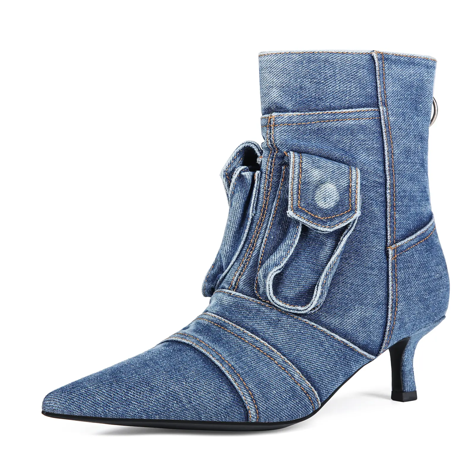 Women's Pointed Toe Denim Bootie with Kitten Heel, Fashionable Side-Zip Footwear for Fall and Winter, Ankle Height, Casual Wear, Statement Shoes Fashion Boots Side Zipper Boots