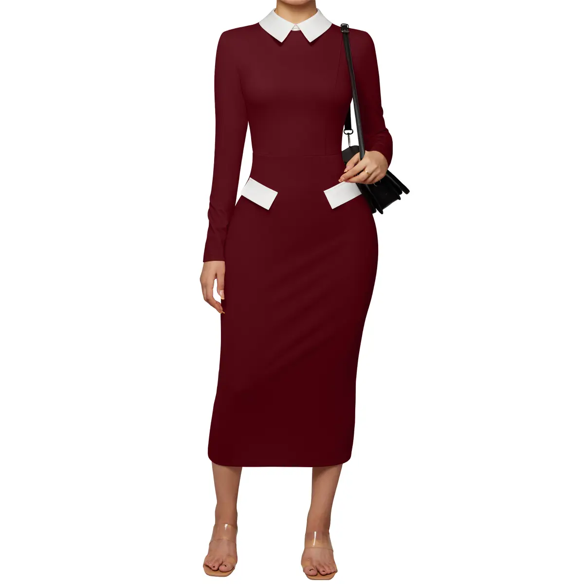 OYV Women's Elegant Peter Pan Collar Long Sleeve Bodycon Pencil Dress, 2025 Trendy Winter Chic Workwear, Knee-Length Stretch Formal Office Wear - Polished Choice for Office Days