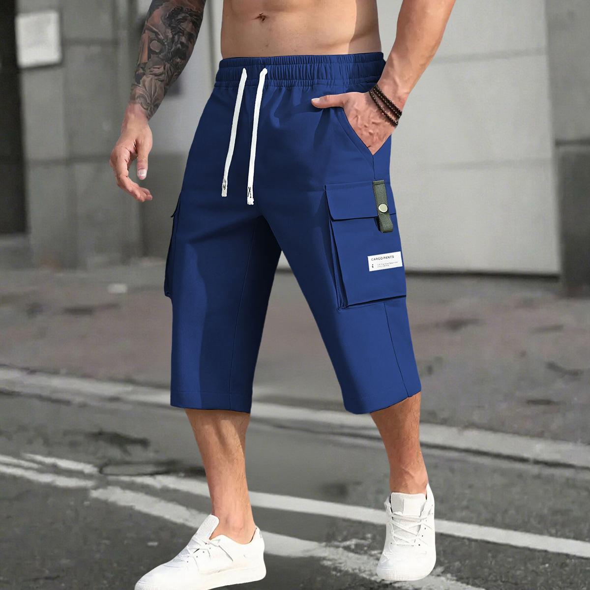 Men’s 3-piece cargo pants set featuring a drawstring waist, large pockets, and letter patches—fashionable and casual, suitable for summer wear