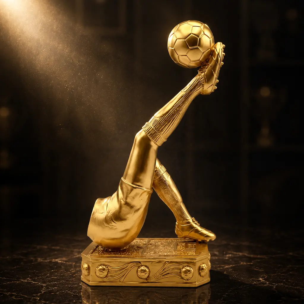 Gold Soccer Statue Room Decor - 10.2" H Football Player Sculpture Trophy - Bicycle Kick Sports Desk Ornament, MVP Award, Coach Appreciation Gifts for Men, Teen Boys, Fans