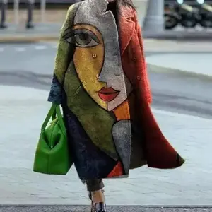 [Today 50% +OFF]M8753 Autumn Women's Long Sleeve Turn-Down Collar Coat Printed Woolen Long Coat Womenswear Jackets Tops Outerwear
