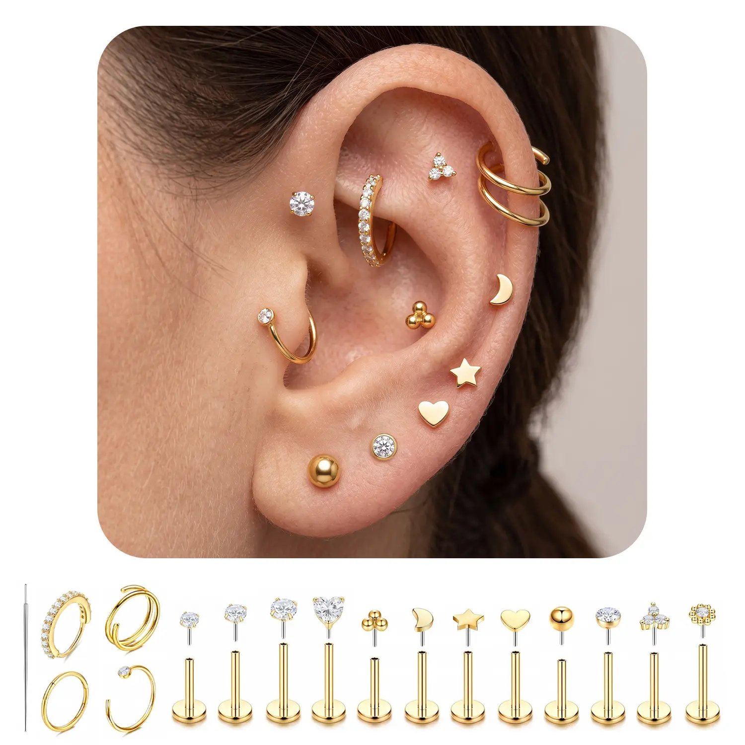 YLNWH Flat Back Stud Earrings 14K Gold Plated Internally Threaded CZ Stud Piercing Jewelry for Tragus Helix Cartilage Conch Nose Hypoallergenic Lip Labret Medusa Piercing