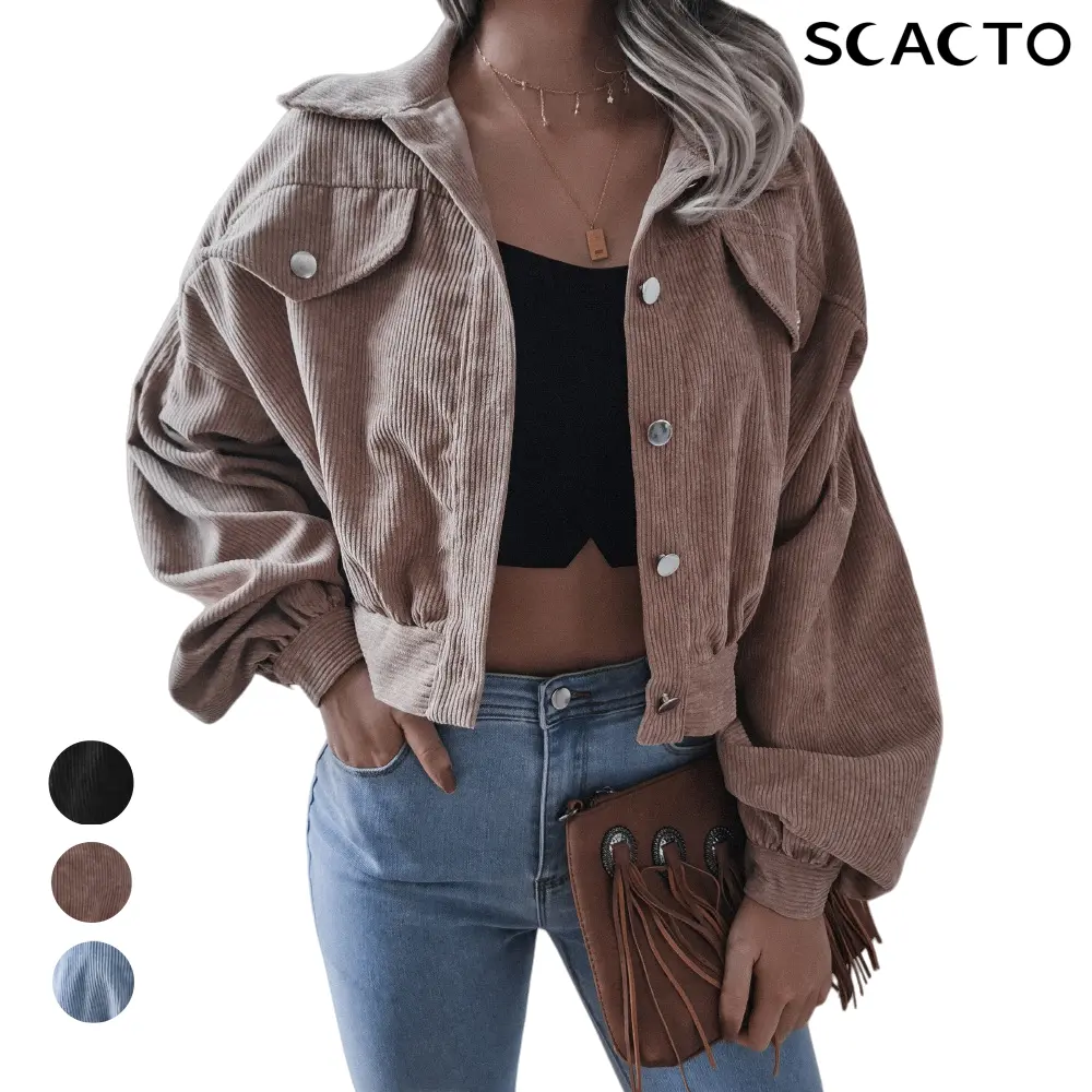 Scacto Lantern Long-Sleeved Corduroy Casual Short Coat Jacket - High-quality Thick Corduroy Material for Soft Texture, Stylish Lantern Sleeves to Add Feminine Charm, Clothes, Tops, Style, Long Sleeve