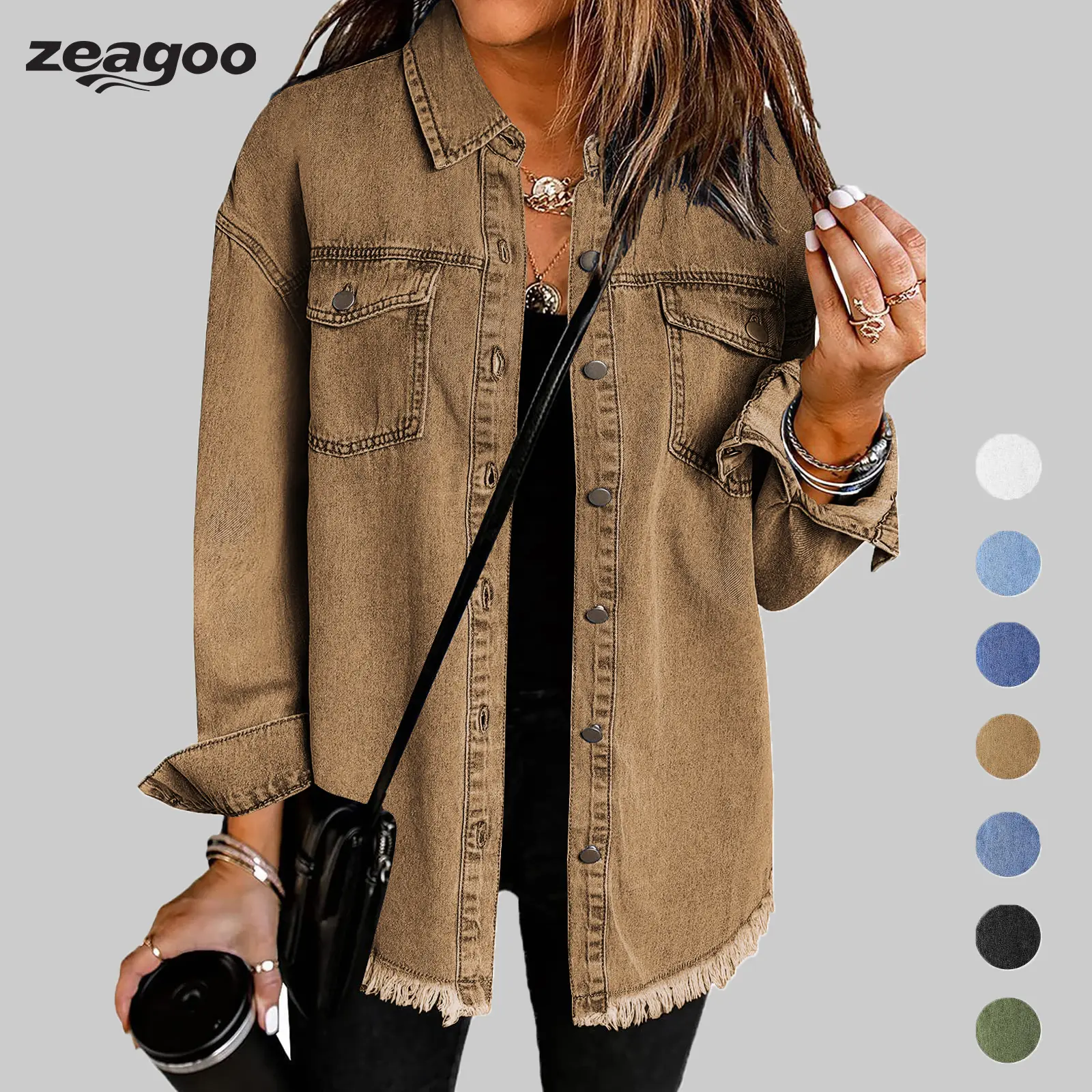 Women’s Jean Jackets for Women Ripped Fringe Denim Jean Jacket Casual Long Sleeve Pockets Jackets Coat Fabric Fashion Womenswear Soft  – Back to School Outfit Idea summerwins,back to school shopping