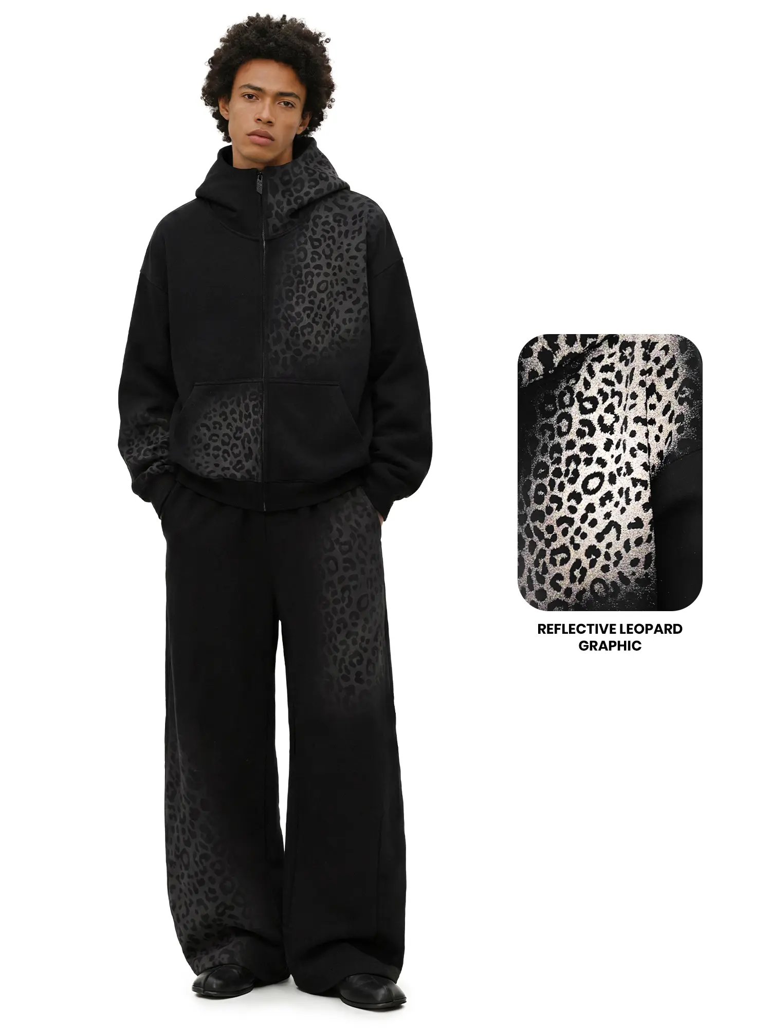 FDR Reflective Leopard Print Zip-Up Hoodie & Barrel Leg Sweatpants Set, Stand Collar Soft Fleece Heavyweight Women's Oversized Two-Piece Outfit, Baggy Wide Leg Y2K Streetwear Tracksuit for Casual Everyday Wear