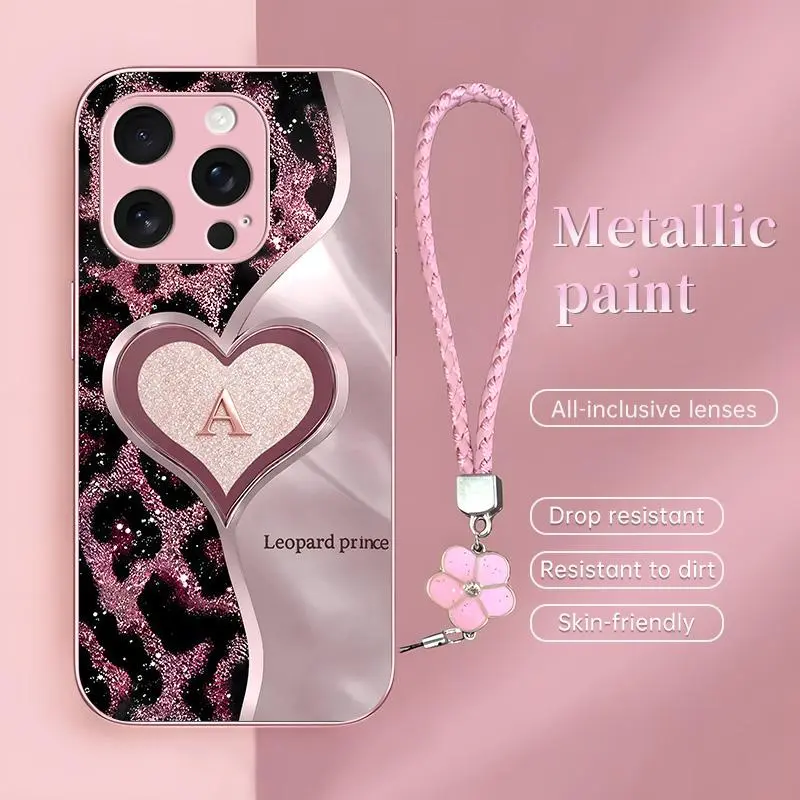 Suitable for [iPhone 16 Pro Max ] Luxury Pink Leopard Heart A-Z Initial Glass Phone Case with Flower Charm Strap | Metallic Glitter Monogram Cover | Cute Accessories | JS996