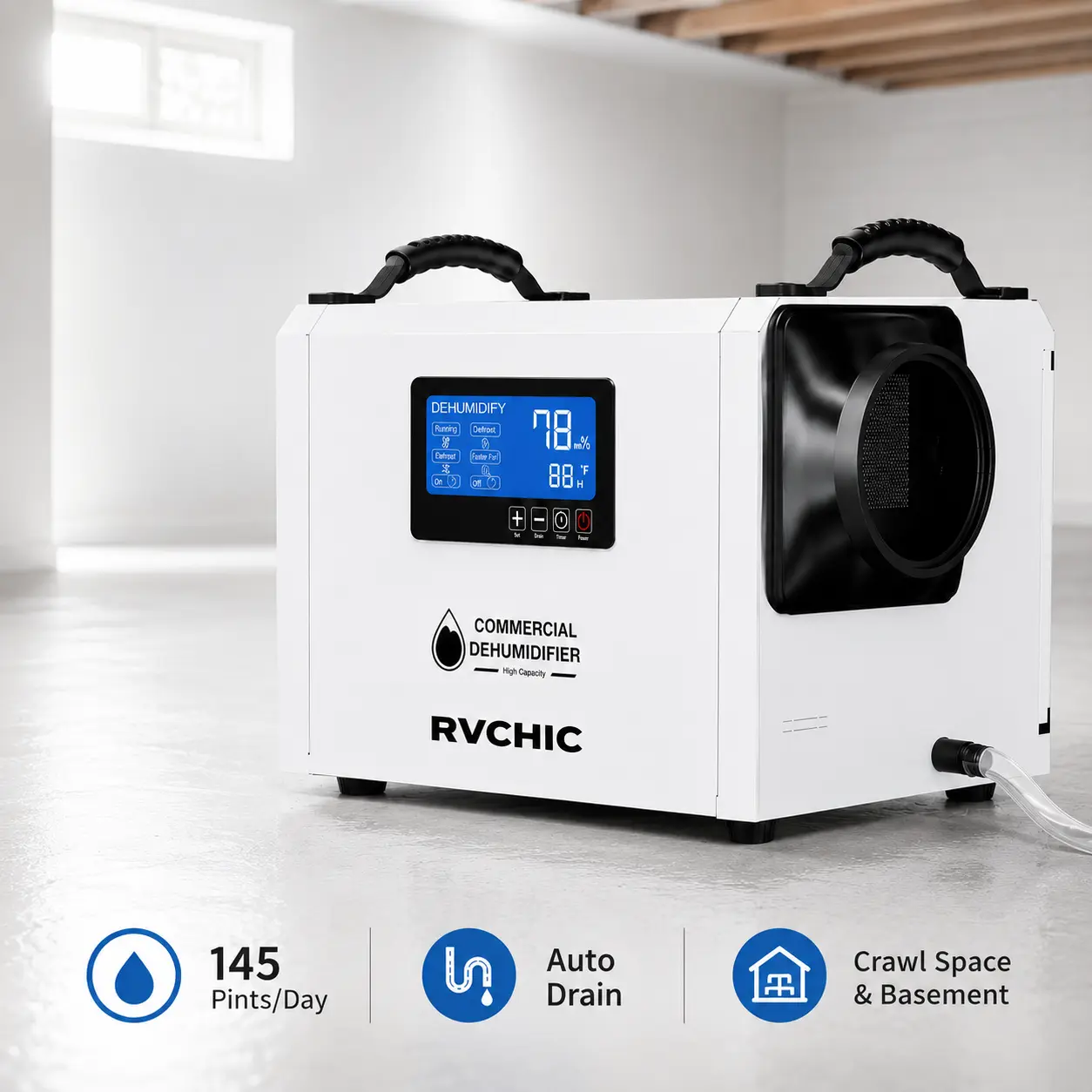 Commercial Crawl Space Dehumidifier 145 Pints/Day, Compact Basement Dehumidifier with Auto Drain Hose, Digital Humidity Control, Washable Filter, Low Noise, Portable Industrial Dryer for Crawl Space, Basement & Restoration
