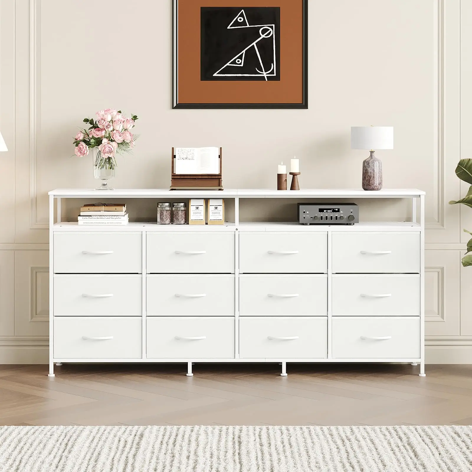 Garvee 63-Inch White Fabric Dresser with 12 Drawers and Open Shelves - Long Storage Chest for Bedroom and Living Room