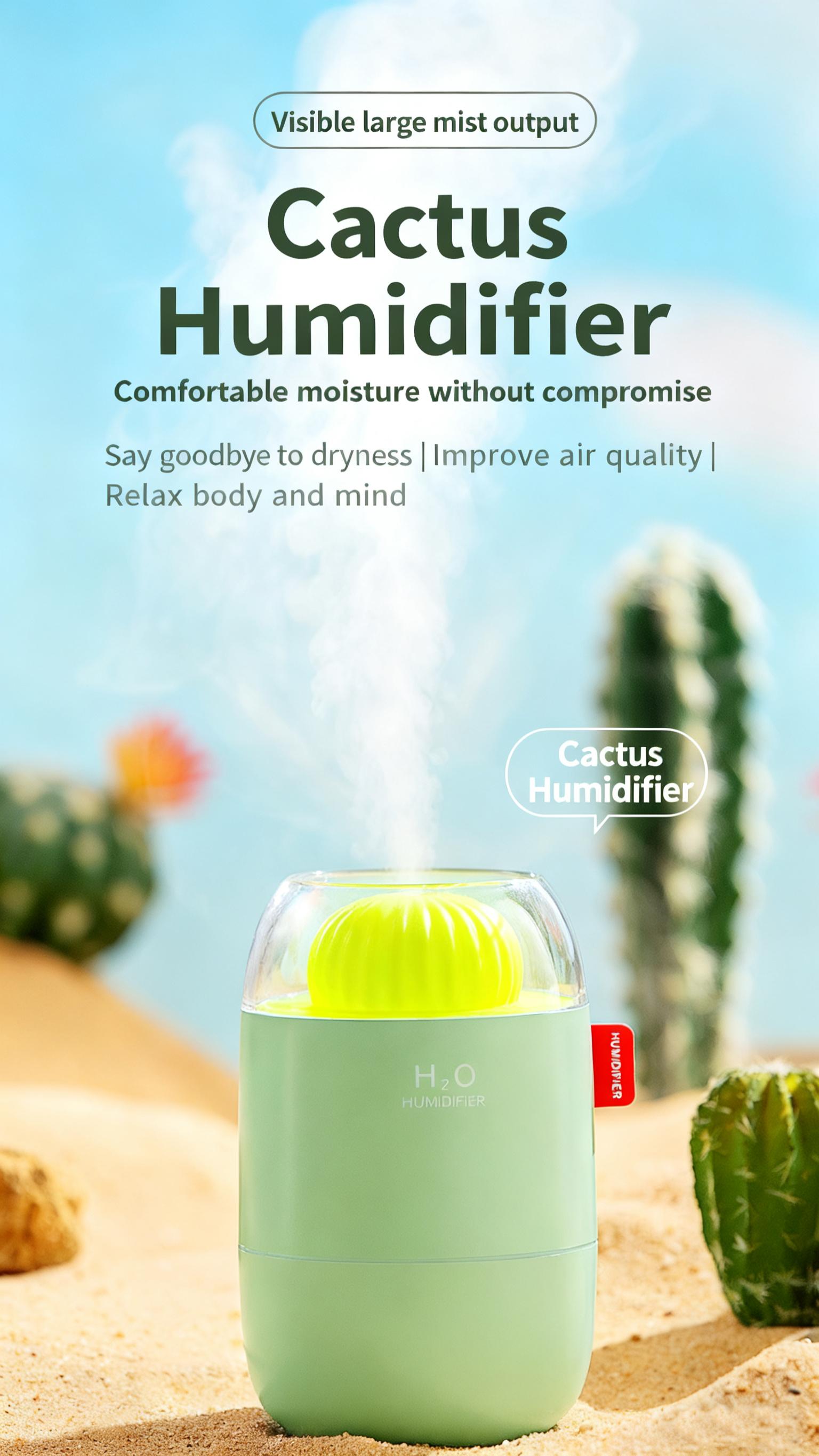 Cactus Mini Humidifier - Cute USB Personal Humidifier for Bedside & Sleep, Quiet Ultrasonic Cool Mist, Auto Shut-Off, for Dry Air, Baby Nursery, Bedroom, Office & Travel