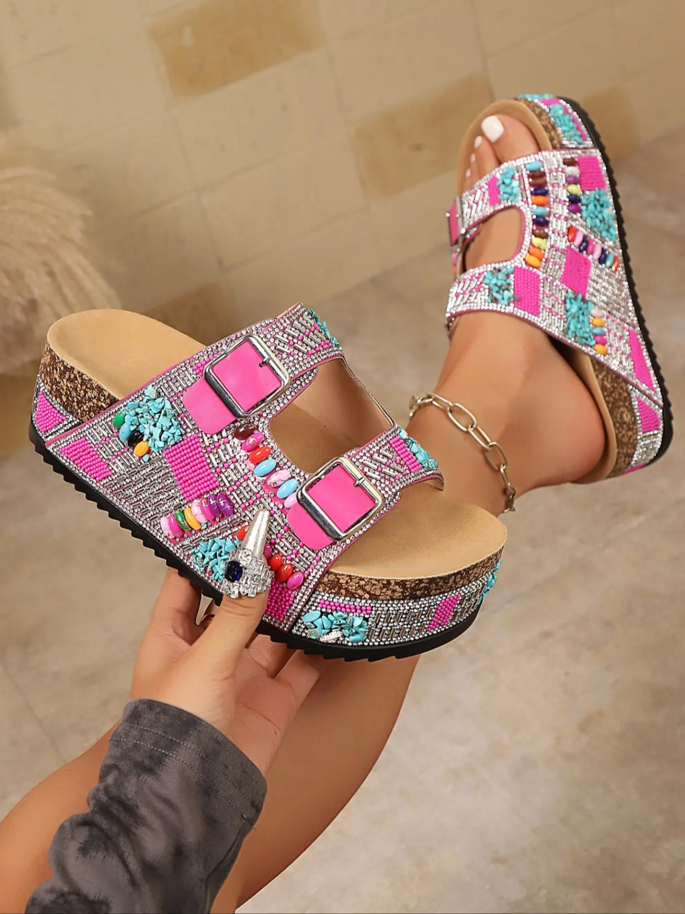 Boho Style Colorful Beaded Thick Sole Sandals for Women, Summer Dual Strap Soft Bottom Shoes, Beach Shoes, Bohemian Trending Sandals, Casual Summer Sandals