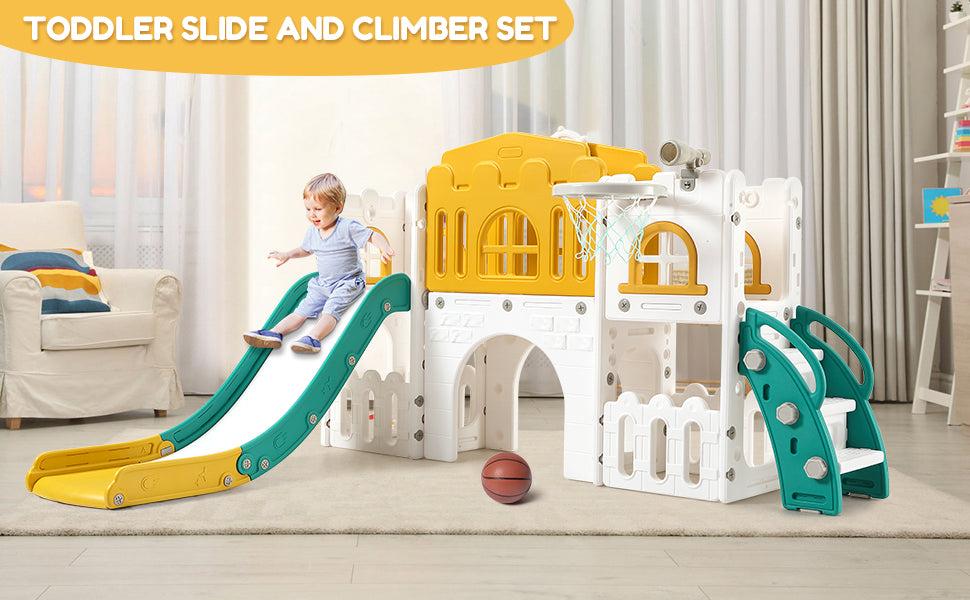 GARVEE 8-in-1 Toddler Slide Playground - Versatile Indoor & Outdoor Playset with Basketball Hoop, Climber, Crawling Tunnel, and Telescope - Safe HAPE & PP Material with Toy Storage for Ages 1-3