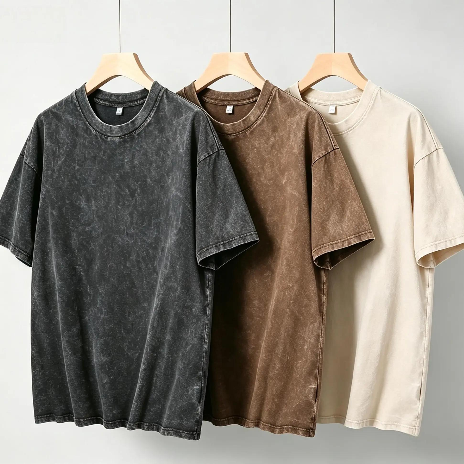 Men's 3-Pack Unisex Vintage Beige T-Shirts - Distressed Wash Soft Cotton Lightweight Short Sleeve Crewneck, Festive Streetwear, Vintage Chic, Valentine's Day Apparel, Retro Menswear Tops