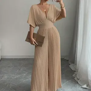 Solid Color Deep V-Neck Batwing Sleeves Pleated Elegant Women's Jumpsuit Fabric Fit Polyester Womenswear