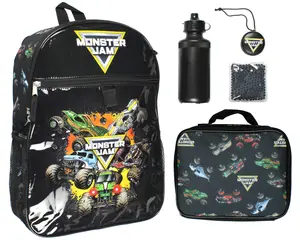 Monster Jam Megalodon Grave Digger Max-D Monster Trucks Backpack Lunch Bag Water Bottle Ice Pack 5 Piece Mega Set 16"
