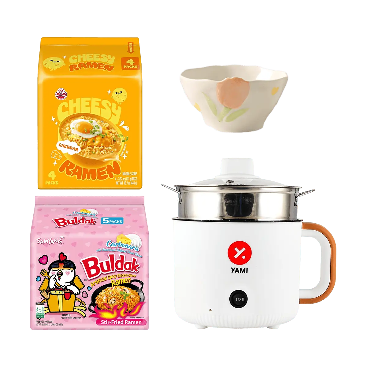 Samyang Otoki Cheddar Cheese Ramen 444g & Buldak Creamy Cheese Spicy Chicken Ramen 650g Bundle with Electric Pot and Kawashima Rice Bowl - Korean Instant Noodle Meal Kit