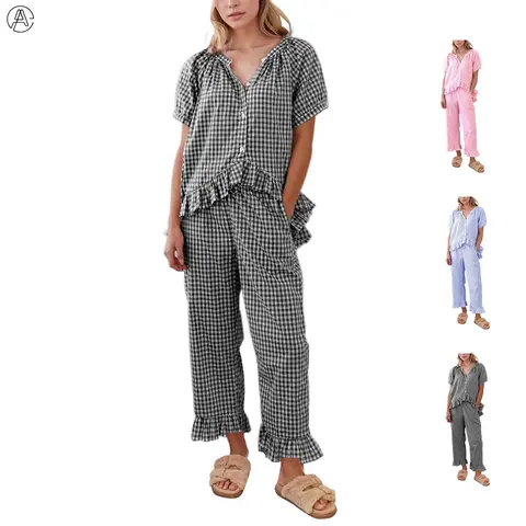 Arssm Women’s Gingham Pajama Set – 2-Piece Plaid Cotton Button-Down Top & Pants with Ruffle for Cozy Sleepwear & Lounge Set