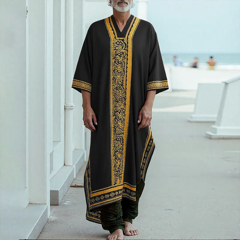 INCERUN Mens All Seasons Ethnic Embroidered Robe Set Soft V-Neck Kaftan & Harem Pants Two Piece Bohemian Vacation Beachwear
