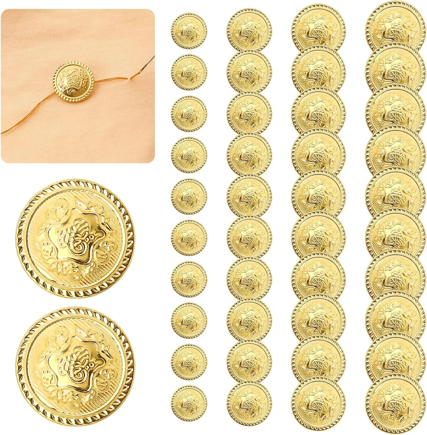 Metal Button 40 Pc  Set Gold Blazer Buttons Sewing Women's Vintage Brass Emblem Shank Buttons Men's Suits Jeans Jacket Sport Coat, 40-Pieces, Metal Material