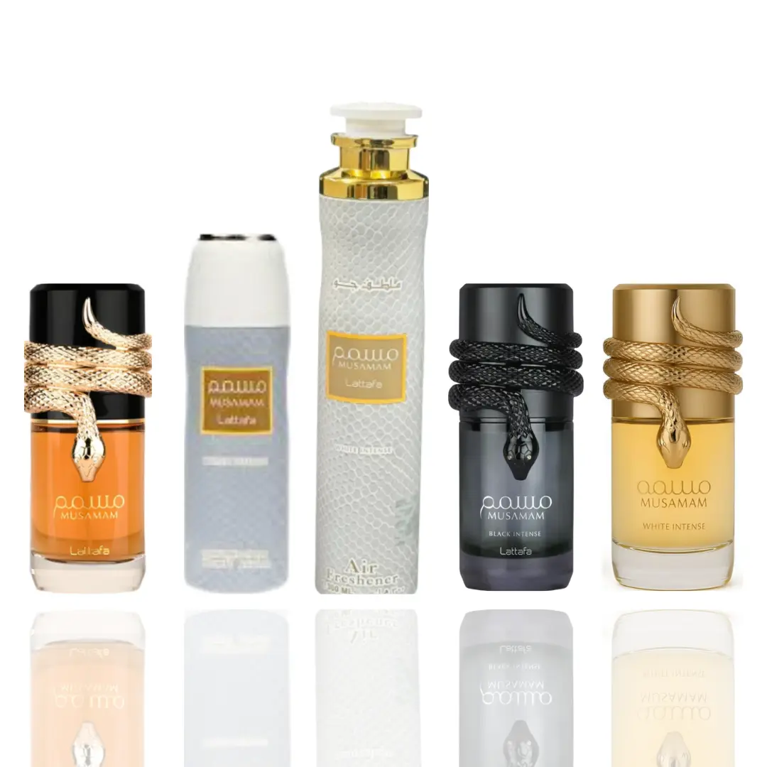 musamam white intense + musamam black intense + musamam + musamam airfreshener + musamam deodorant -- 5 piece bundle, Bundle Pack, Clean Aroma