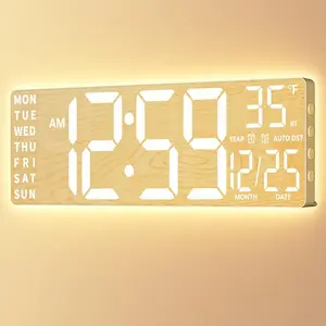 EASYERA Large Wood Grain Digital Wall Clock 16.5" & 12" with Remote Control RGB Atmosphere Lights 11 Scenes Dual Alarms LED Display for Livingroom Classroom Office Game