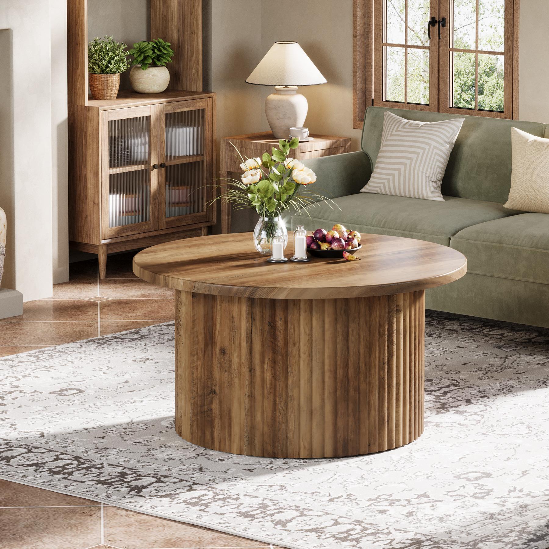 LITTLE TREE 31.5" Round Coffee Table, Farmhouse Circle Coffee Table with Metal Base, Modern Accent Center Table Sofa Side Table for Living Room, Home Office, Wooden Grain Veneer Top