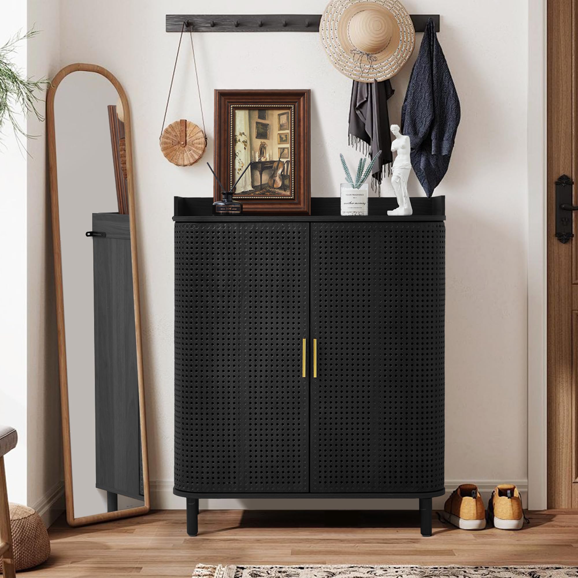 Giratree Shoe Cabinet, 5 Tier Boho Wooden Shoe Storage Organizer Cabinet with Adjustable Shelves, Shoes Rack with Iron Rattan Curved Doors Accent Cabinet for Entryway Hallway Living Room