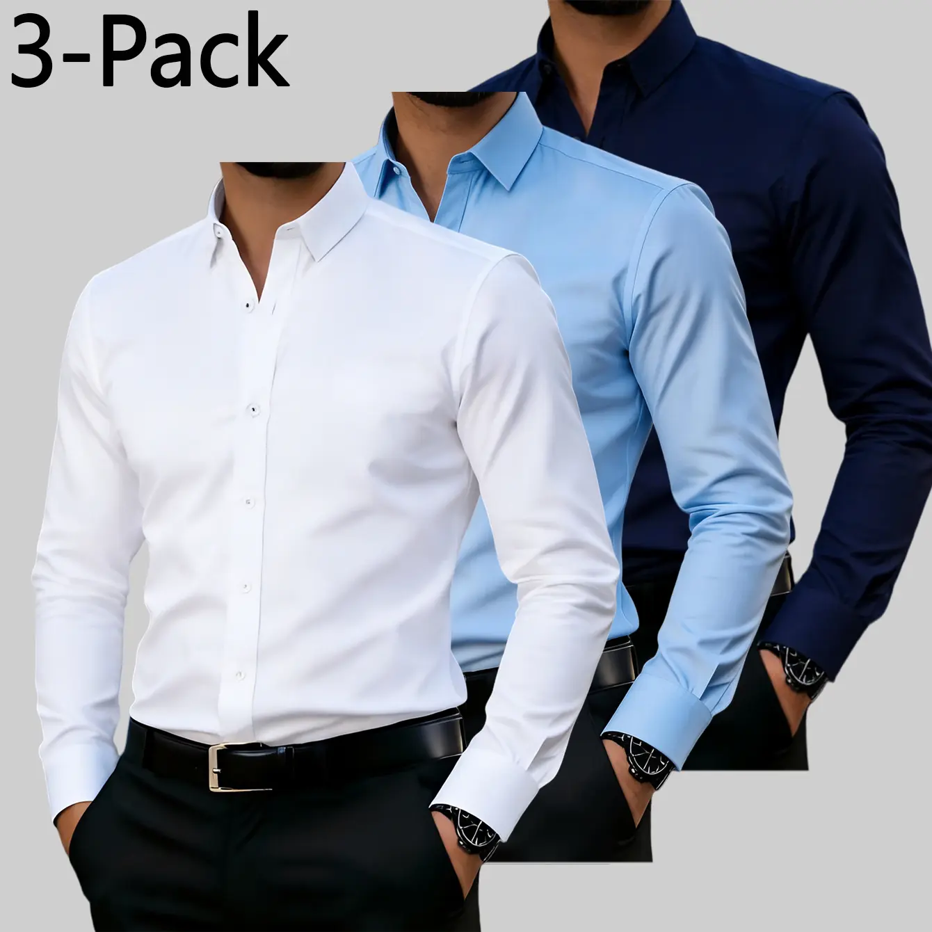 Men's 3-Pack Slim Fit Dress Shirts - 60% Polyester 40% Cotton Fabric, Soft, Plain, Classic, Wrinkle-Resistant, Breathable Menswear for Business, Office Use, Formal