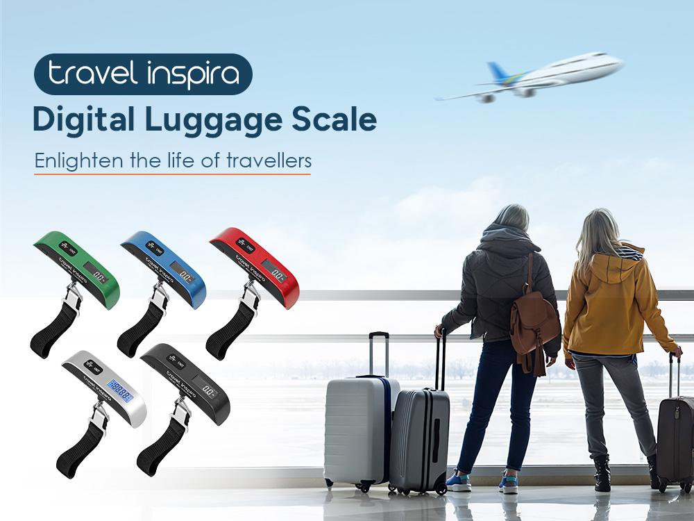 travel inspira Digital Luggage Scale, 110lbs Hanging Baggage Scale, Backlit LCD, Portable Suitcase Weighing Scale with Hook, Battery Included, Accurate Weighing, Strong Straps, Travel Essentials