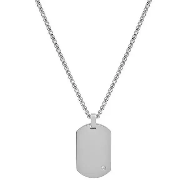Geoffrey Beene Men's Stainless Steel CZ Dog Tag Pendant Necklace