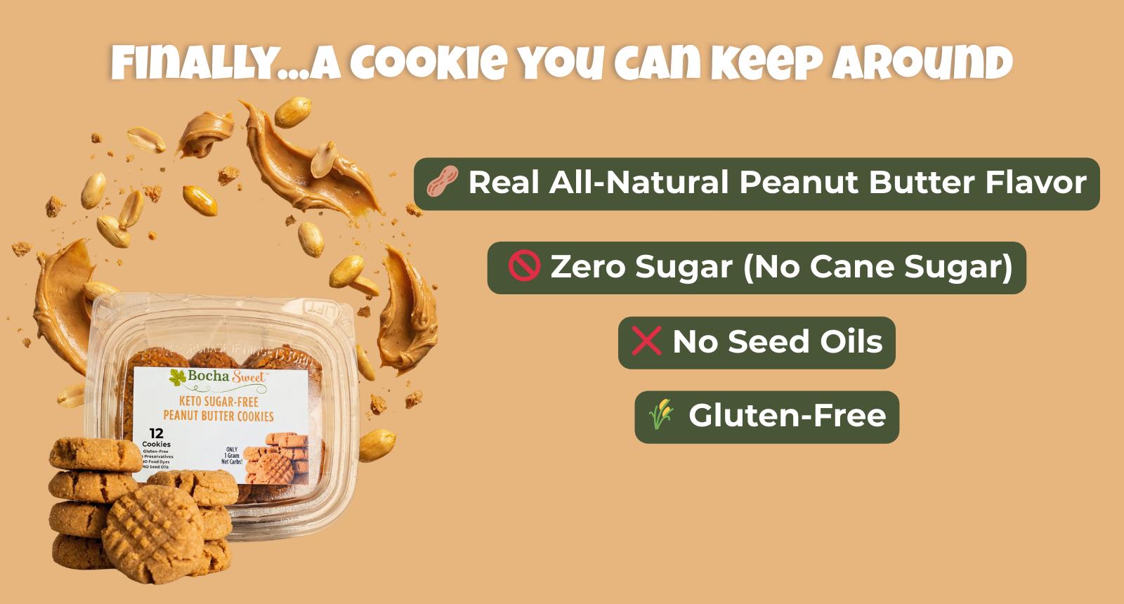 BochaSweet Keto Peanut Butter Cookies - 1-Pack (12 Cookies) or 2-Pack (24 Cookies) | Sugar-Free, Gluten-Free, No Seed Oils | Melt-in-Your-Mouth Low Carb Snack